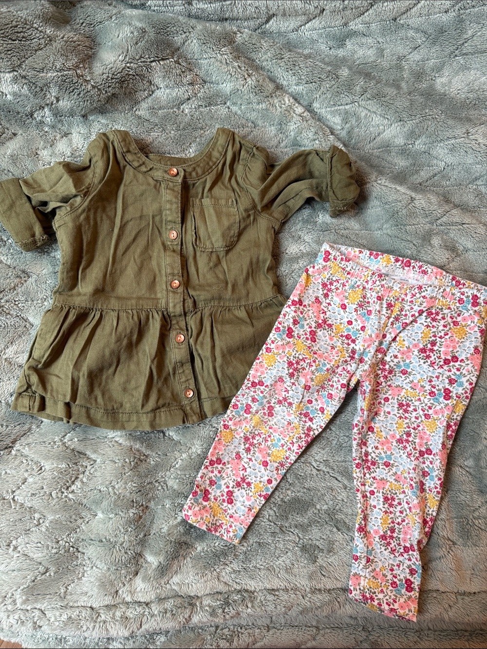 Carter's Olive Green Peplum Top with Floral Pink Leggings